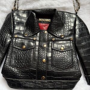 Black Croc-Embossed Jacket Bag with Gold Accents
